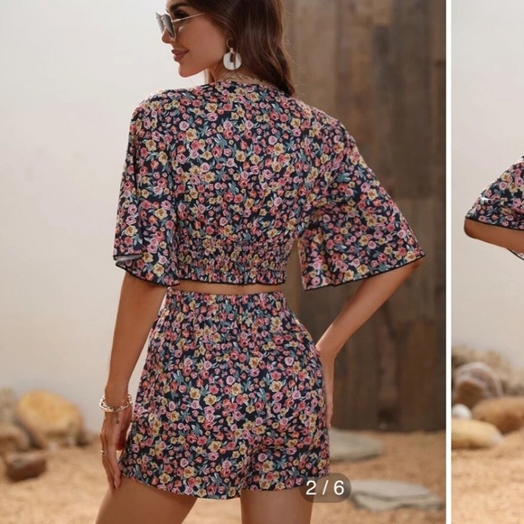 Ditsy Floral Shirred Flutter Sleeve Top & Shorts - Size L Cottagecore - Picture 12 of 15